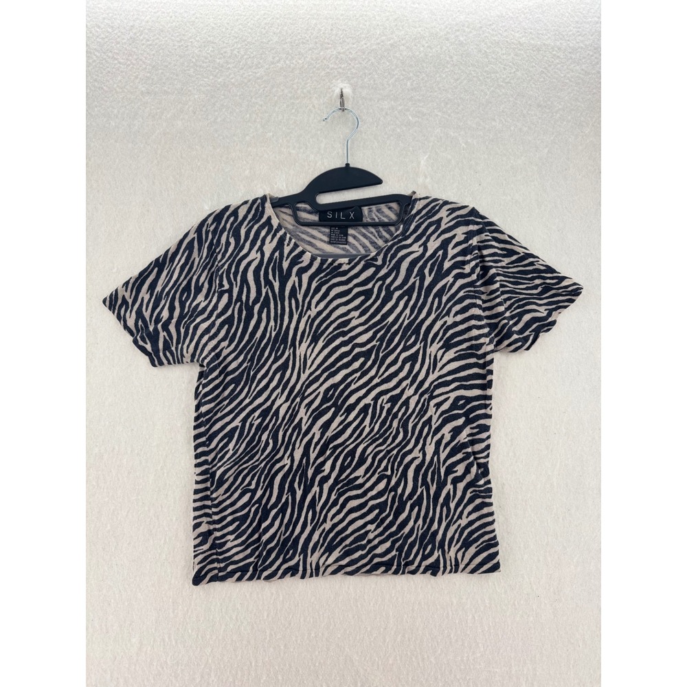 SILX - Silk Knit Zebra Print Short Sleeve Top - Black Tan - M - Womens